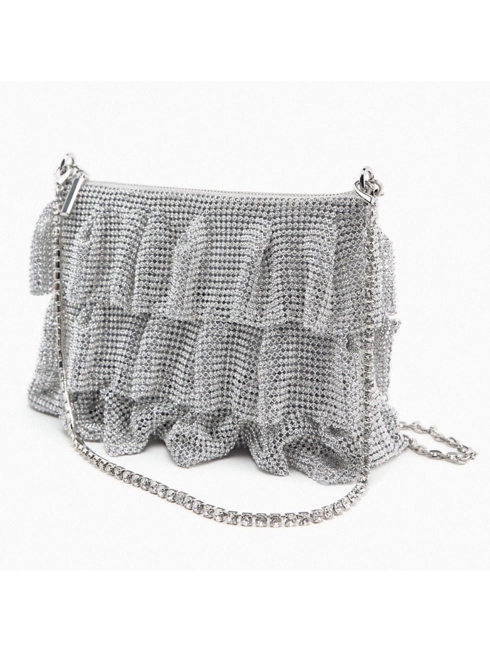 ZARA SILVER RUFFLED RHINESTONES MESH CROSSBODY BAG